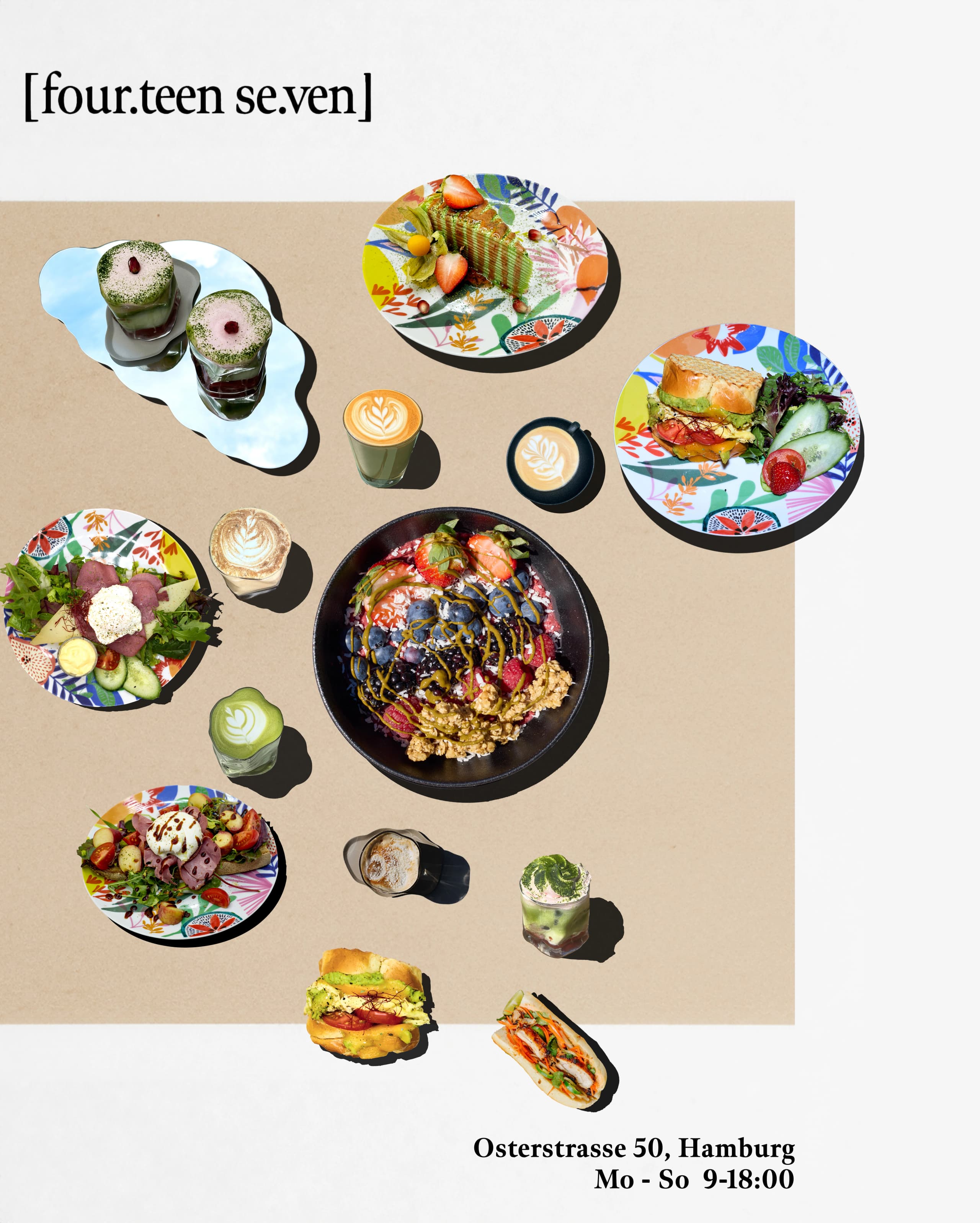 1407 Breakfast Club full menu overhead - bowls, drinks, sandwiches all together