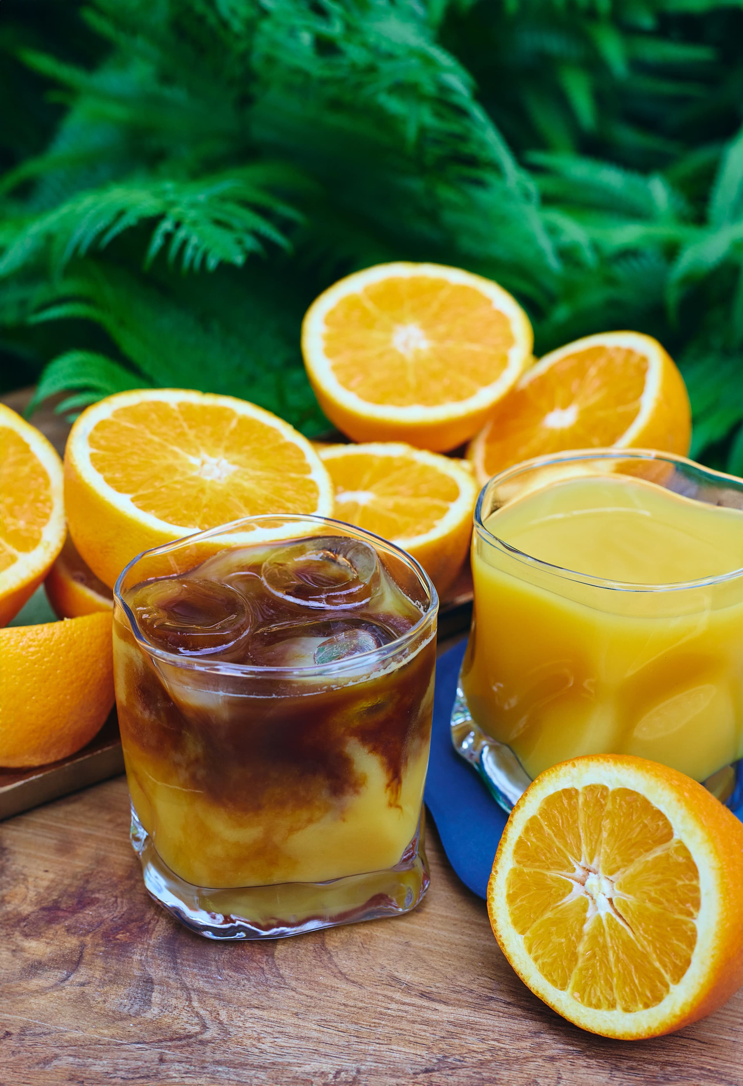 Orange coffee and fresh orange juice with fern backdrop - 1407 Breakfast Club