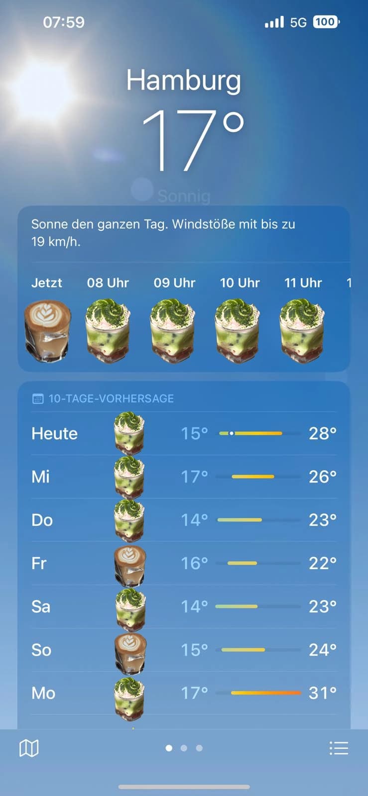 Hamburg iPhone weather app with 1407 Breakfast Club drinks as weather icons - creative social media graphic