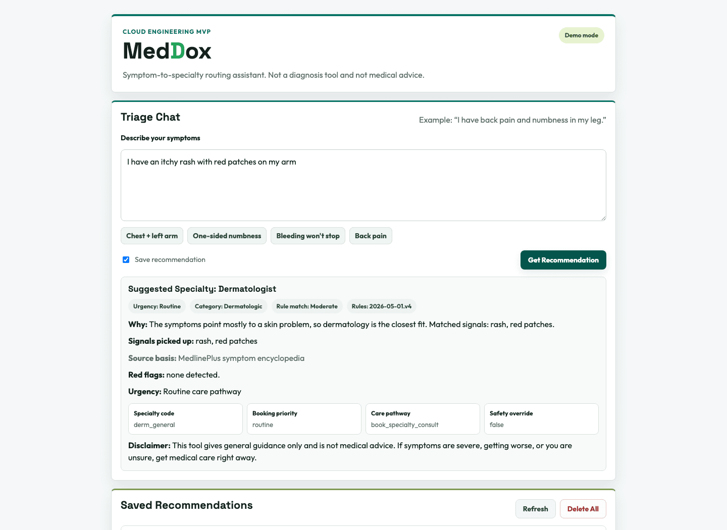 MedDox routine dermatology result with booking payload.