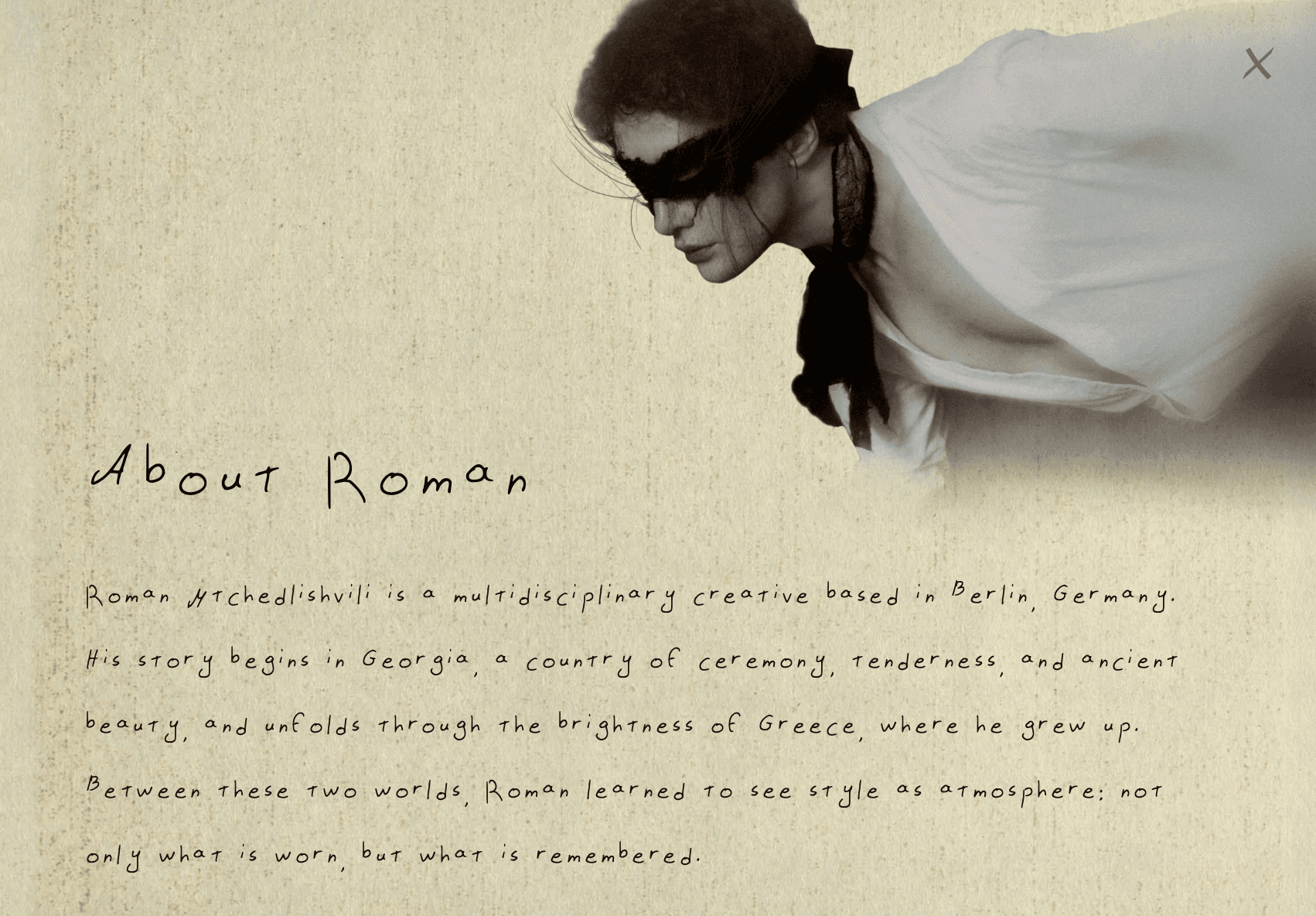 About Roman modal with paper texture, handwritten text, and portrait.
